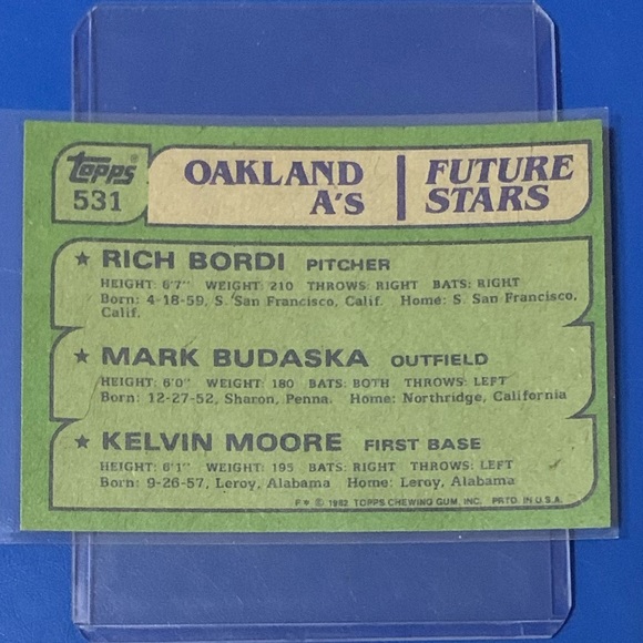 A's Future Stars [Bordi, Budaska, Moore] #531 1982 Topps Baseball Trading Card - Picture 2 of 2